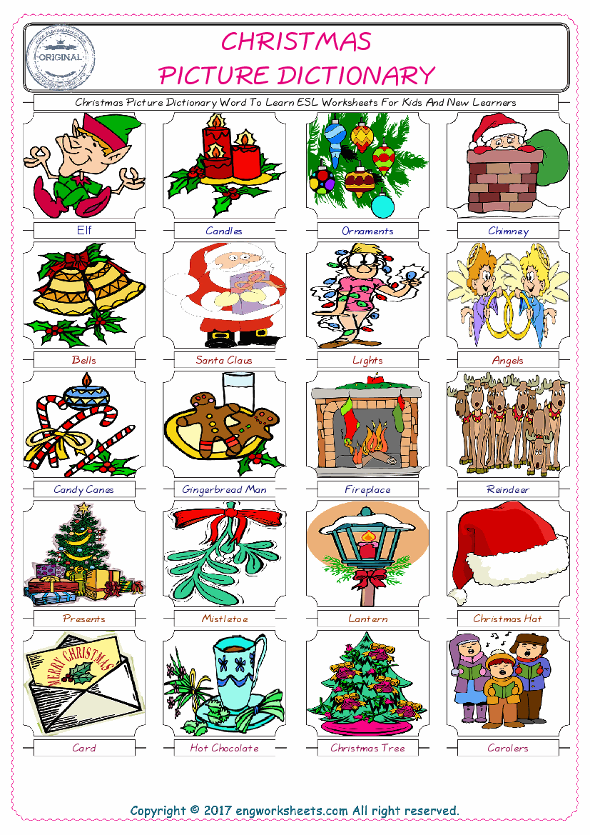  Christmas English Worksheet for Kids ESL Printable Picture Dictionary 